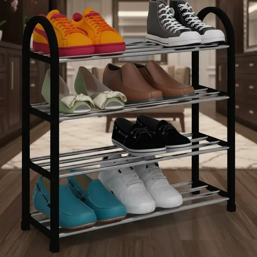 Sapateira 4 Andares Zein Metal E Plástico Preta Para 8 Pares De Sapatos Preto