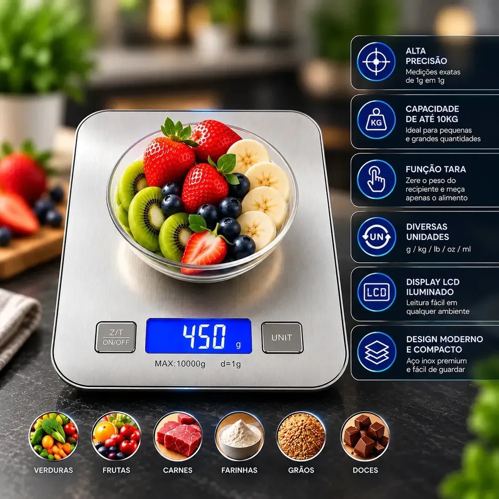 Balança Digital de Cozinha Hardline Cook, 10 Kg, com Função Tara e Display LCD