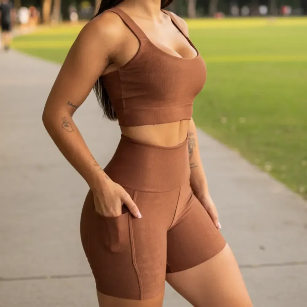 Kit Conjunto De Academia Top E Short Para Corrida Canelado Marrom M (42)
