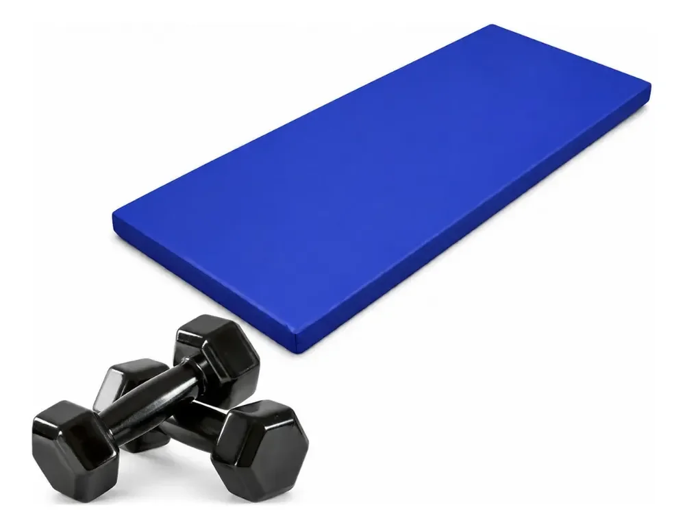 Kit Par Halter Sextavado Emborrachado 1kg + Colchonete Azul