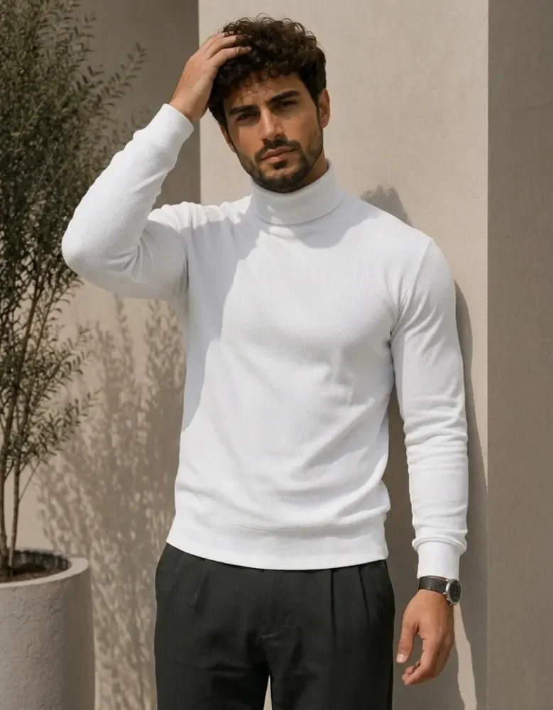 Blusa De Frio Masculina Cacharrel Gola Alta Rolê Canelada Branco Canelado M