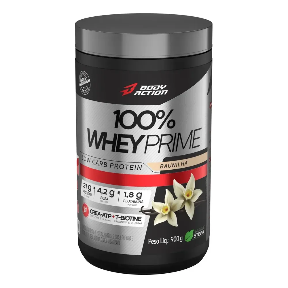Whey 100% Proteína Prime Low Carb Pote 900g Body Action Sabor Baunilha