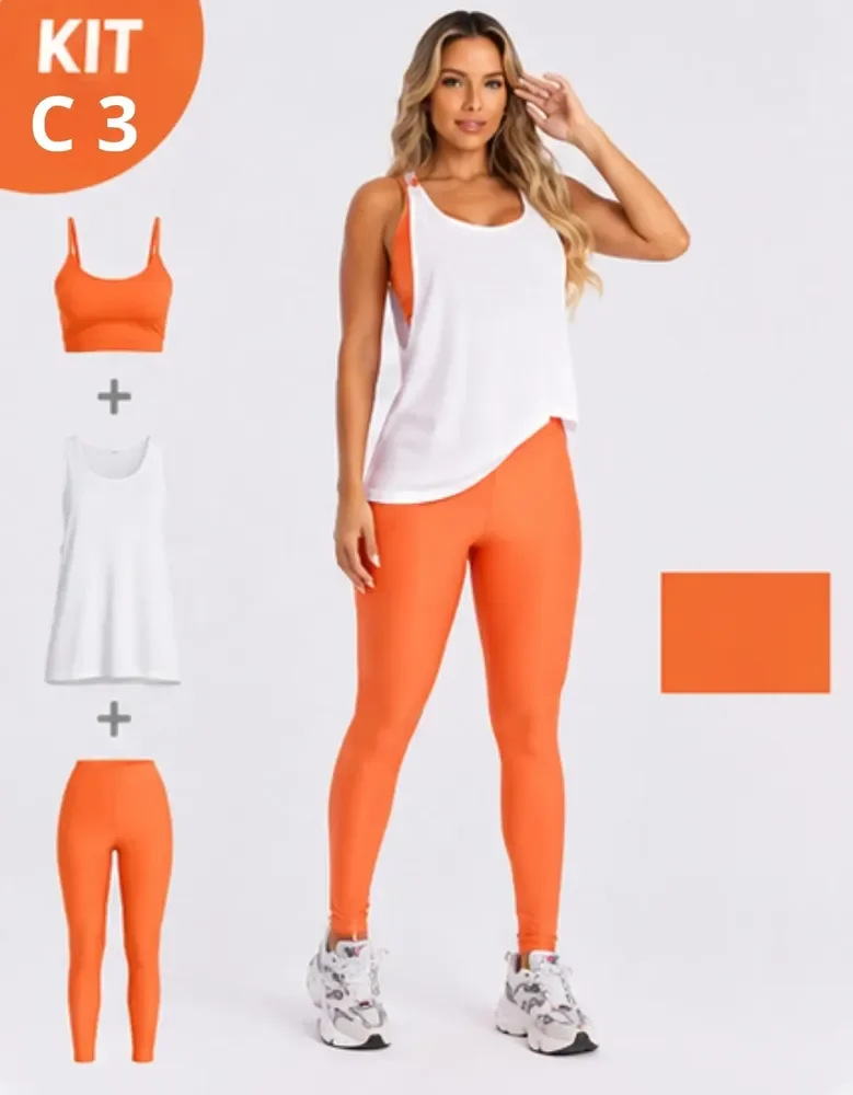 Kit Academia Feminino Regatão Top E Legging Premium Laranja P