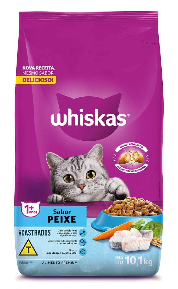 Ração Whiskas para gatos adultos castrados, Peixe, 10,1 kg