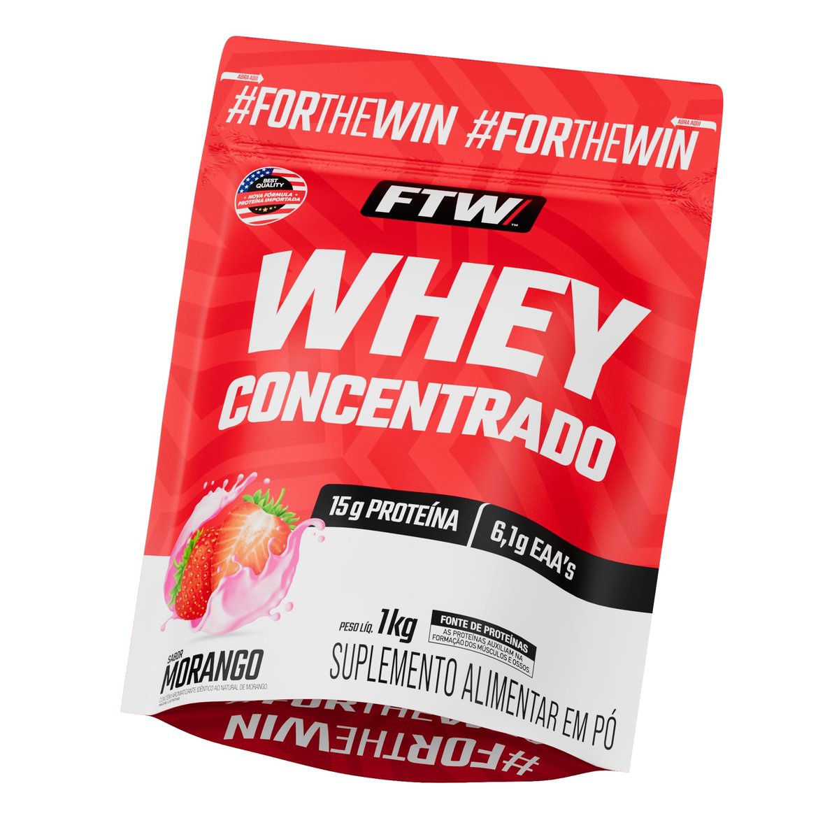 Whey Protein Concentrado FTW – Refil 1KG Sabor Morango Proteína Concentrada WPC, Suplemento Alimentar em Pó, Rico em Aminoácidos Essenciais