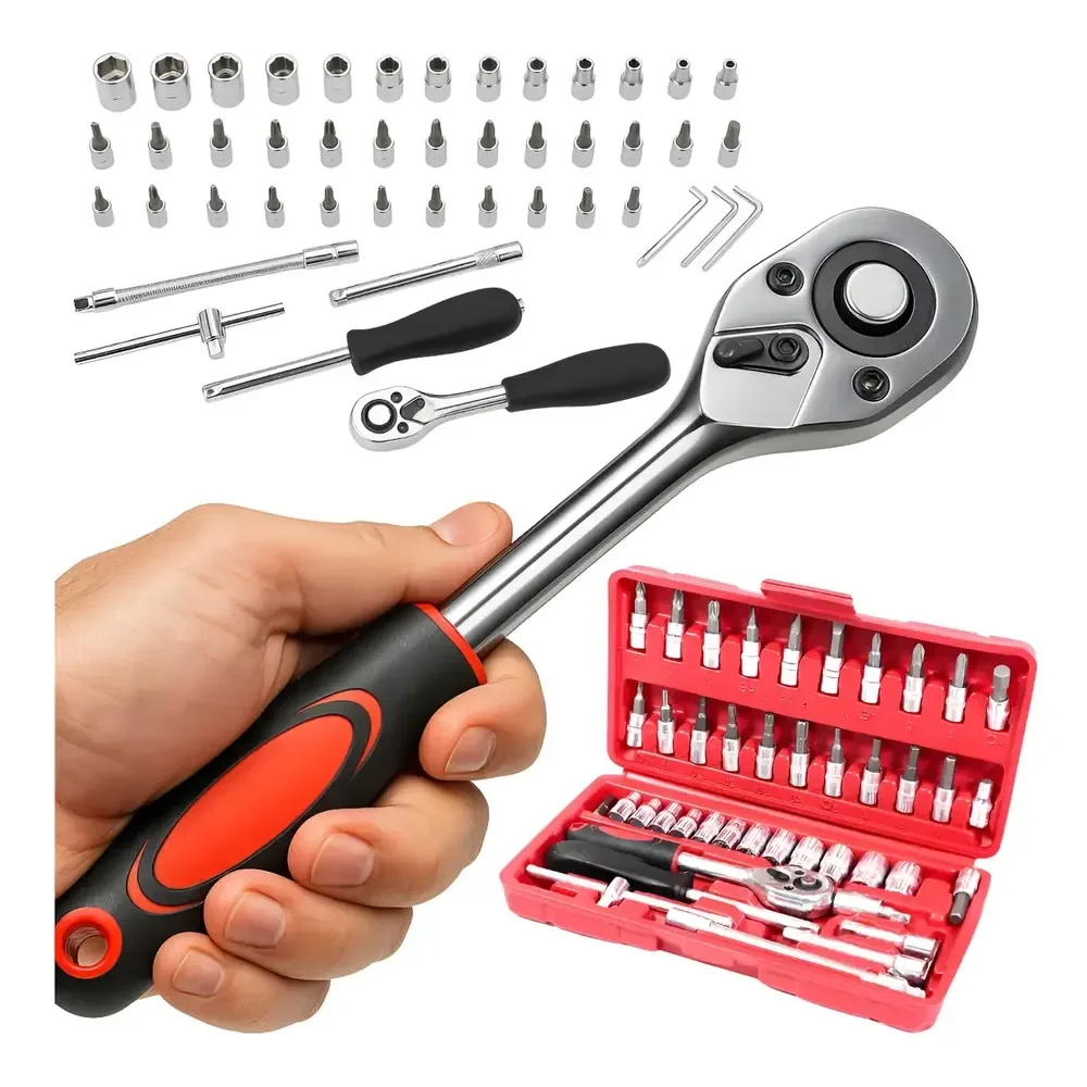 Jogo De Ferramentas Kit Multiuso Soquete 1/4 46 Peças Vermelho