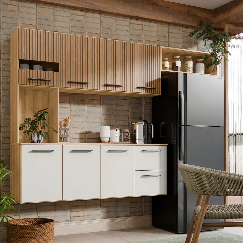 Armário de Cozinha Completa Aéreo 7 Portas e 2 Gavetas Planejada Suspenso Branco Off White Ripado Carvalho Nature Amadeirado Juliana