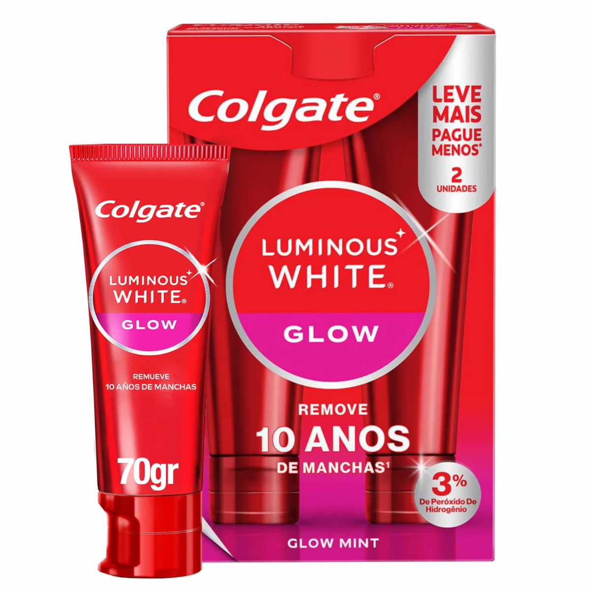 Colgate Creme Dental Clareador Luminous White Glow 2x70g | Kit 2 Unidades, 3% de Peróxido de Hidrogênio, Remove Mais de 10 Anos de Manchas