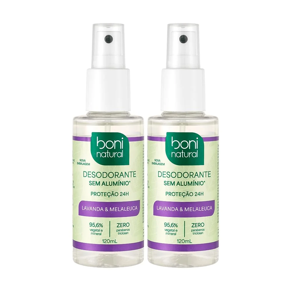 BONI NATURAL - Desodorante Spray Natural e Vegano com Óleos Essenciais de Melaleuca e Lavanda, 24 horas de proteção, Sem Alumínio, Sem Parabenos, Sem Triclosan, 120ml, 2 unidades Leve Mais Pague Menos