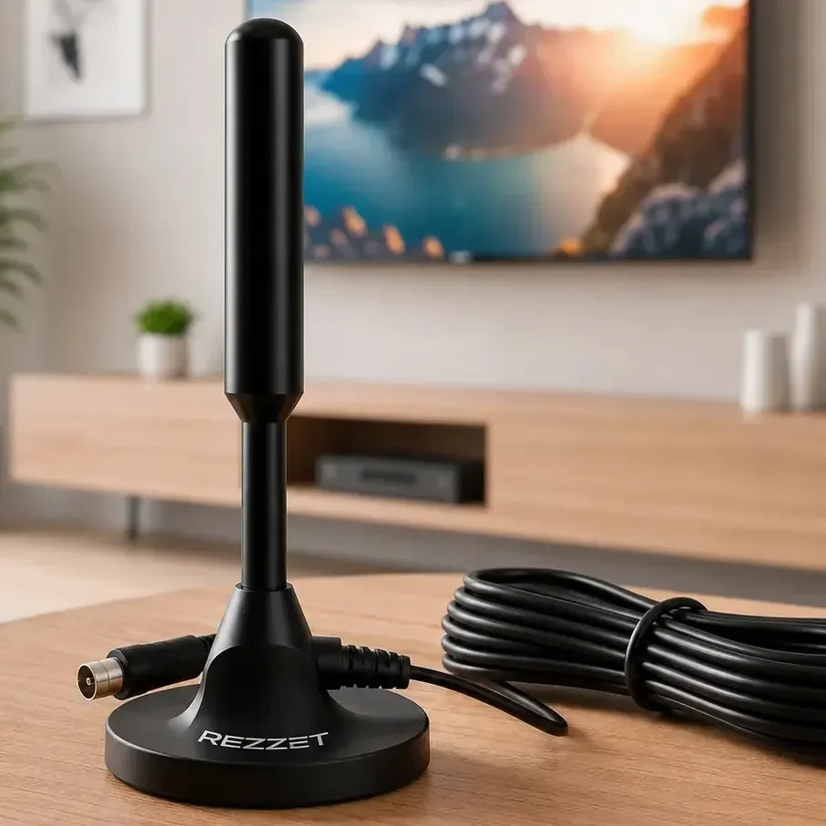 Antena Digital Sinal 4k Smart Tv Interna Externa Samsung LG Led Lcd Amplificador Hdtv Uhf Com Cabo Longo E Base Magnética Rezzet Preto