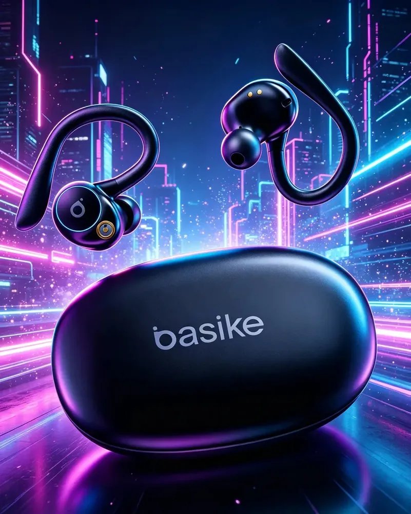 Fone de Ouvido Bluetooth 5.4 TWS com Ear Clip e Gancho, Som HiFi Graves Potentes e 3D, 50h Bateria e Carga Rápida, ENC Cancelamento de Ruído, IPX6 à Prova d'Água – Ideal para Academia e Corrida Basike