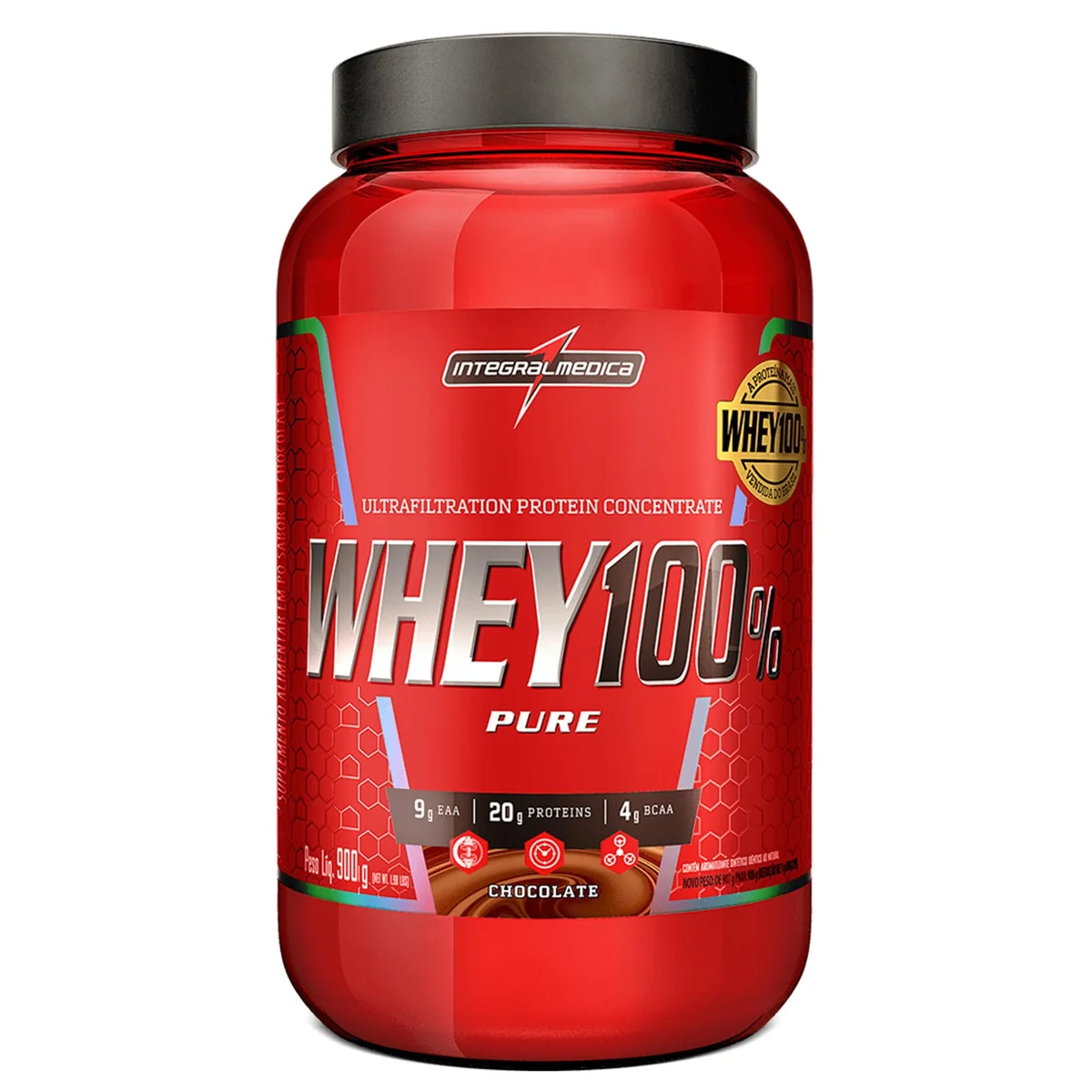 Integralmédica - Whey Protein Concentrado Chocolate 100% Pure - 21g de Proteína por Scoop, Suplementação Alimentar Pós-Treino, Fórmula Enriquecida com BCAAs - Pote 900g | Suplementação Alimentar Pós-Treino, Fórmula Enriquecida com BCAAs