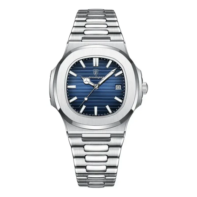 Relógio Masculino Poedagar 613 De Luxo Com Fundo Azul E Correia Prateada Prateado