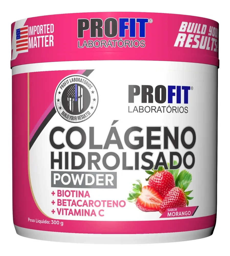 Colágeno Hidrolizado 300g Sabor Morango Suplemento Profit Morango