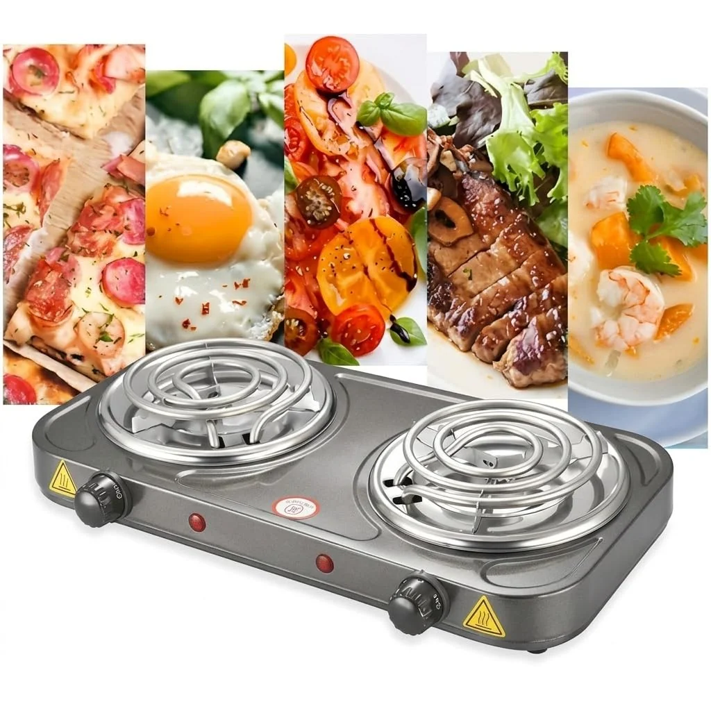 Fogão Elétrico 2 Bocas Cooktop de mesa 127V – Fogareiro Portátil Cooktop de Mesa para Camping, Viagem e Uso Doméstico (Cinza)