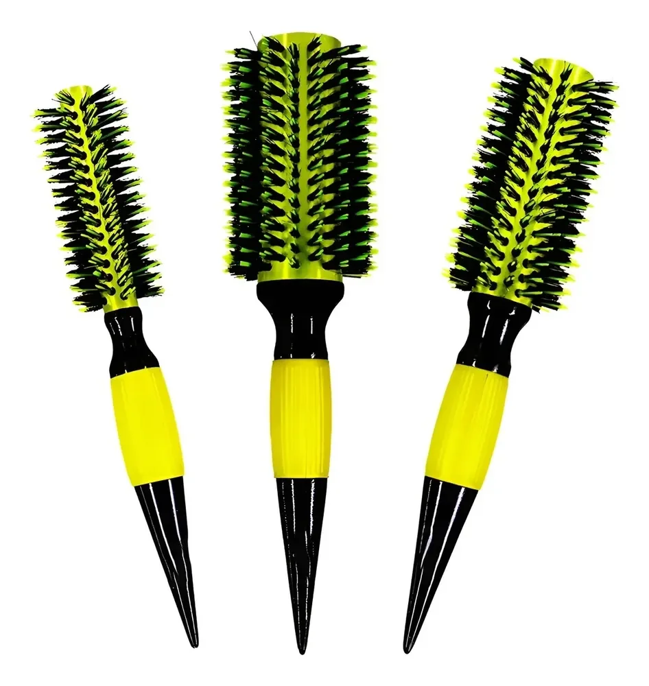 3 Escovas Kit Cabelo Com Cerdas De Javali Profissionais Amarelo