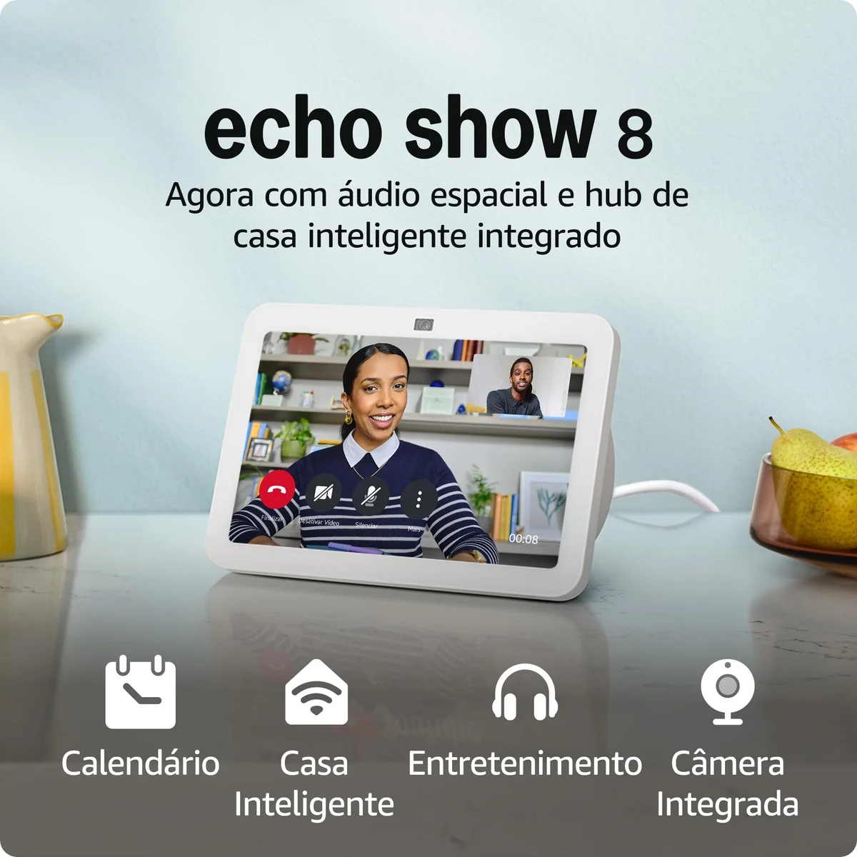 Echo Show 8 (3ª geração) | Smart display com áudio espacial, hub de casa inteligente e Alexa | Cor Branca, com Acesso Antecipado à Alexa+
