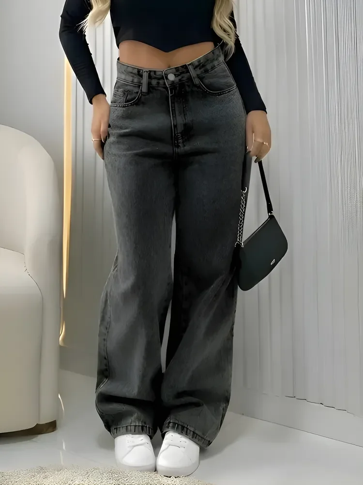 Calça Jeans Wide Leg Feminina Cintura Alta Pantalona Preto Black Marmo Liso 40