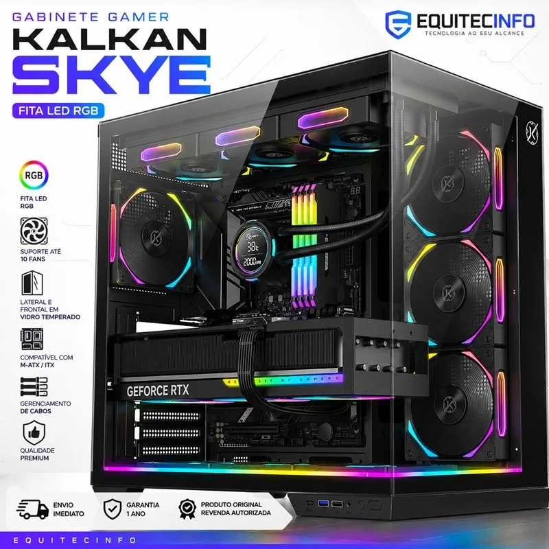Gabinete Gamer Kalkan Skye RGB Aquário ATX Vidro Temperado Dual Chamber Water Cooler 360mm USB 3.0 Preto KLK00042