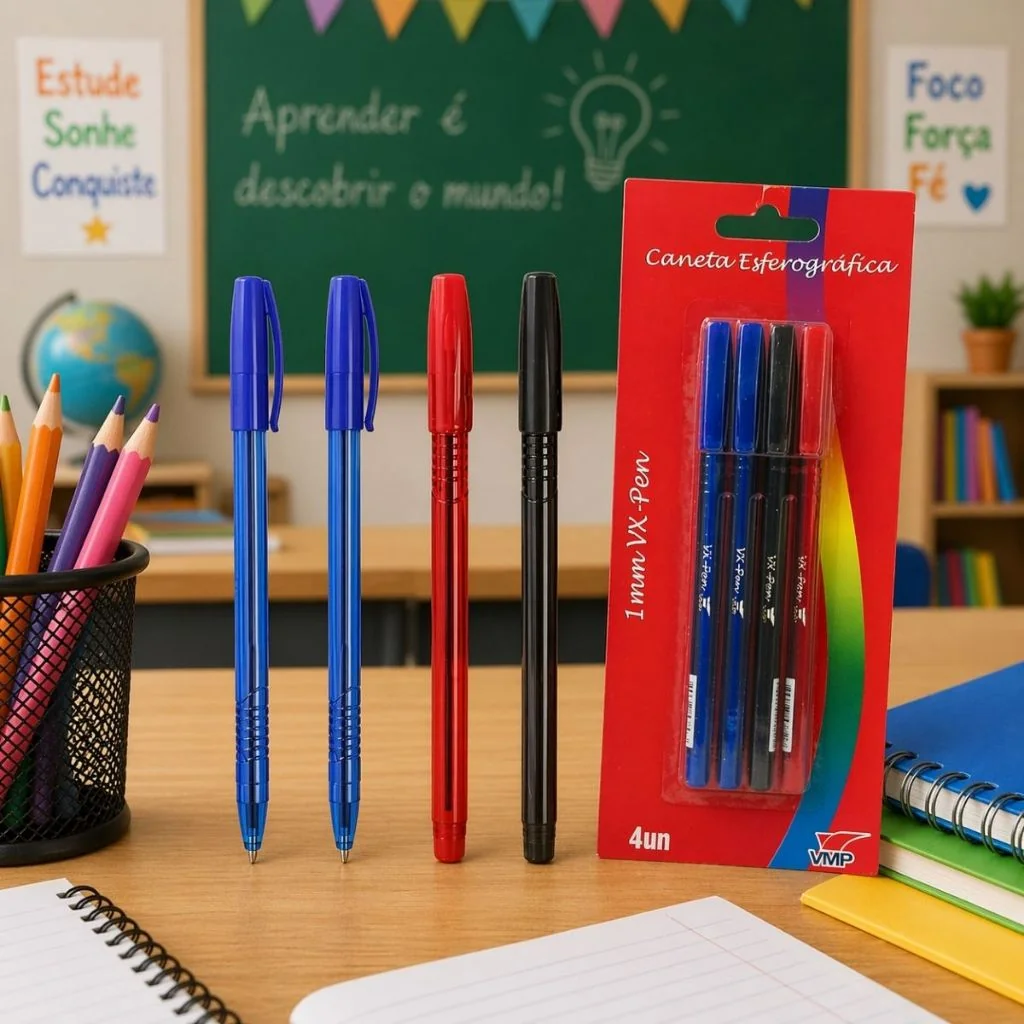 Kit 4 Canetas Esferográficas 1.0mm Sortidas Azul Preta Vermelha Escolar Vx- Pen Vmp
