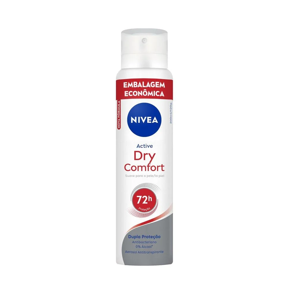 NIVEA Desodorante Antitranspirante Aerossol Dry Comfort 200ml, Proteção 72h, Contra Suor e Mau Odor, Dupla Proteção, Antibacteriano