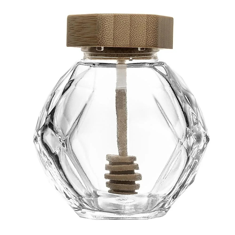 Meleira de Vidro com Pegador e Tampa de Bambu 200ml Wolff Pote para Mel Mesa Posta Café da Manha e Cozinha Qualidade Uso