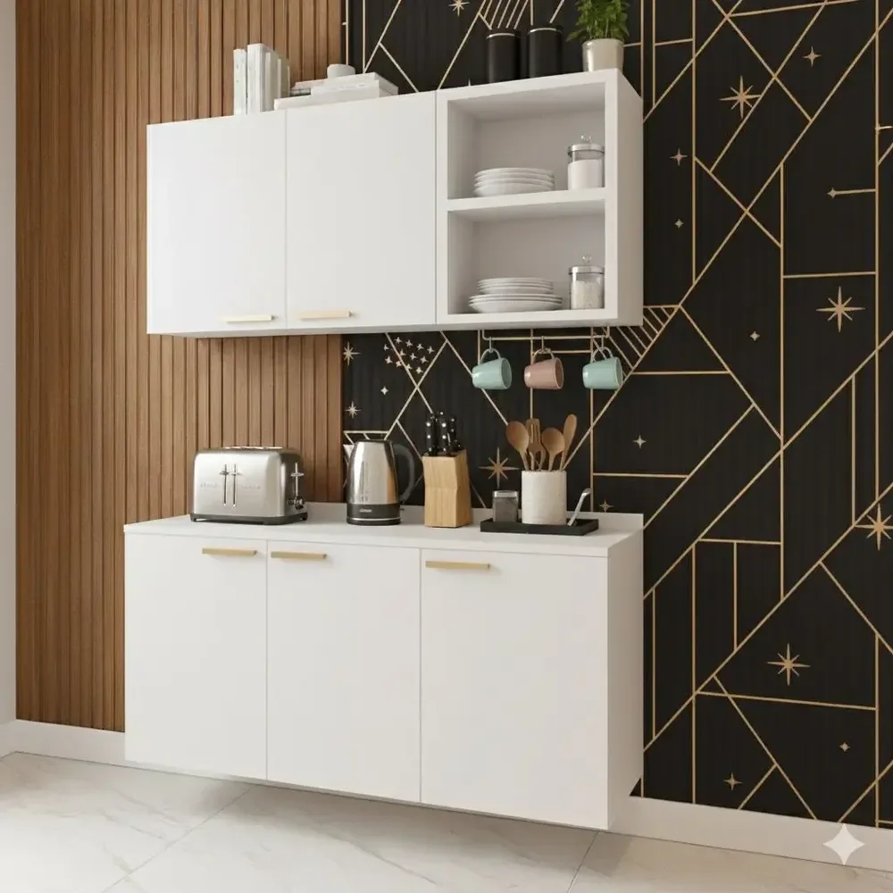 Armário De Cozinha Branco Suspenso + Balcão 3 Portas  Móvel Branco