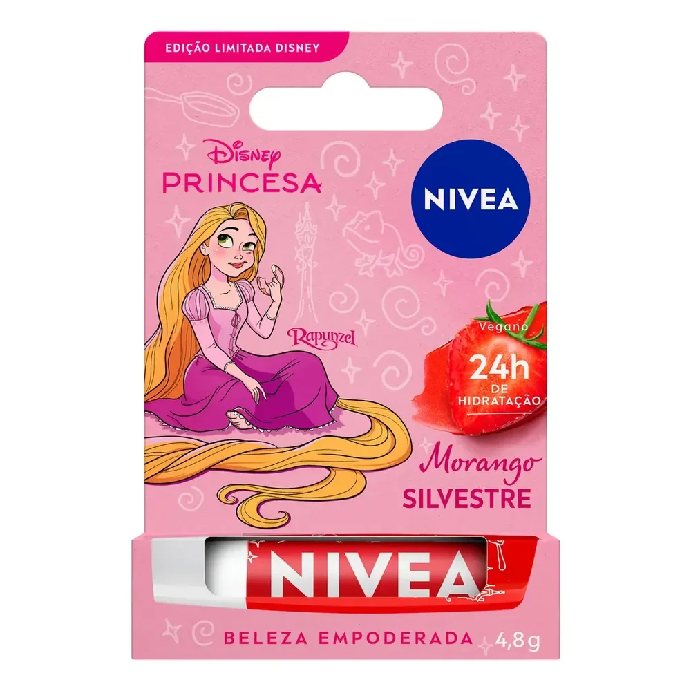Nivea Hidratante Labial Morango Silvestre Ed. Limitada Rapunzel Disney® Princesa 4,8g, Hidratação Intensa 24h, Cor Suave, Brilho Delicado, Manteiga De Karité
