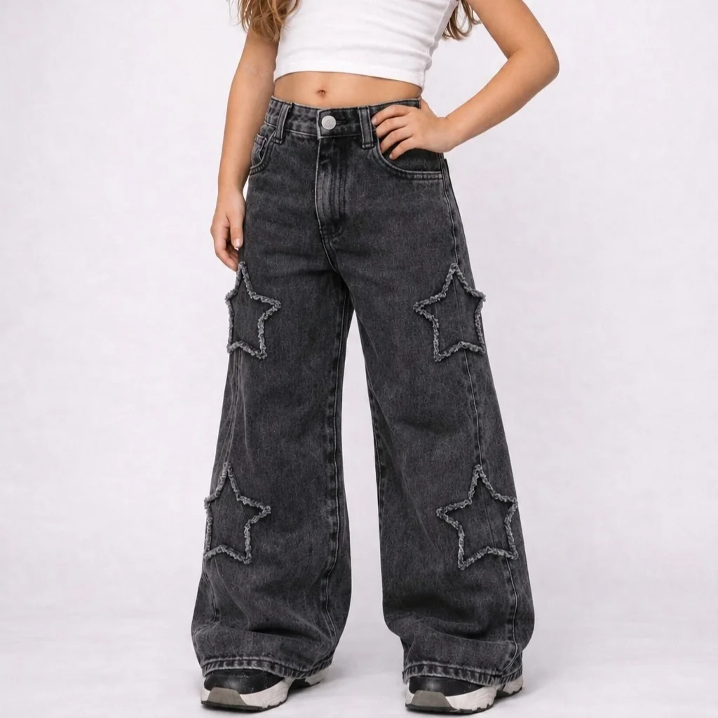 Calça Jeans Juvenil Menina Wide Leg Destroyed Estrela Lateral de Primavera Cinza Marmorizado