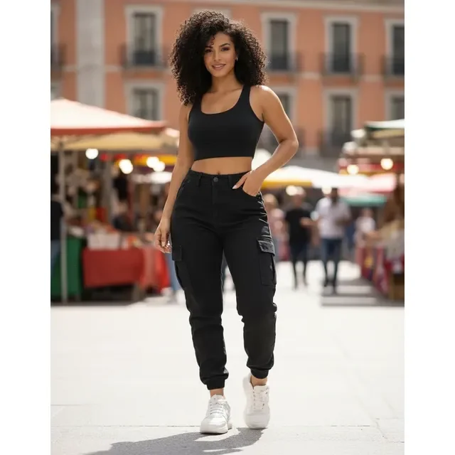 Calça Cargo Jogger Jeans Feminina Cintura Alta Com Lycra