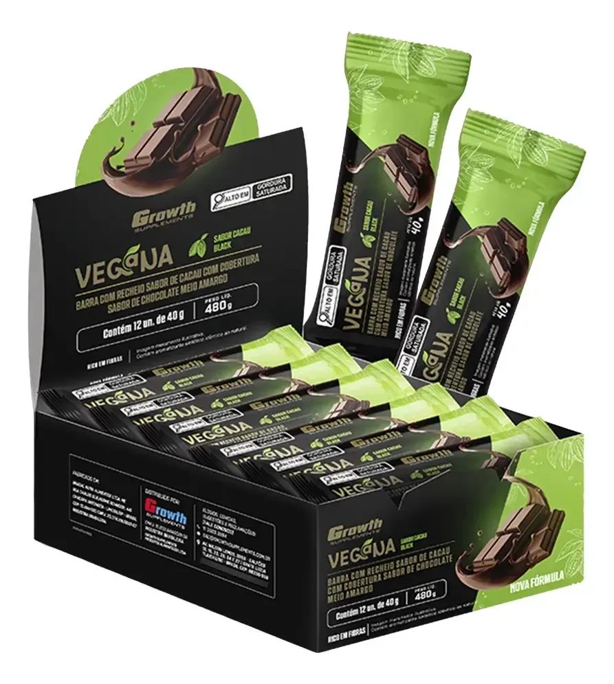 Barra De Proteína Vegana Caixa C 12 Unid. Growth Supplements Cacau Black
