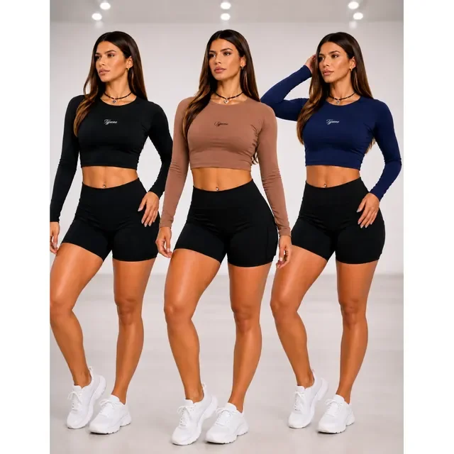 Kit 3 Croppeds Feminino Manga Longa De Academia Esportivo