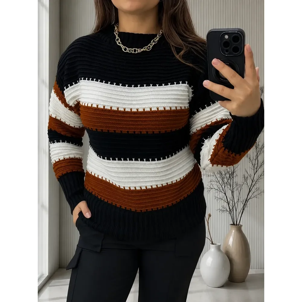 Blusa De Frio Listrada Suéter Feminino Tricot Moda Tricô Preta Listra Único
