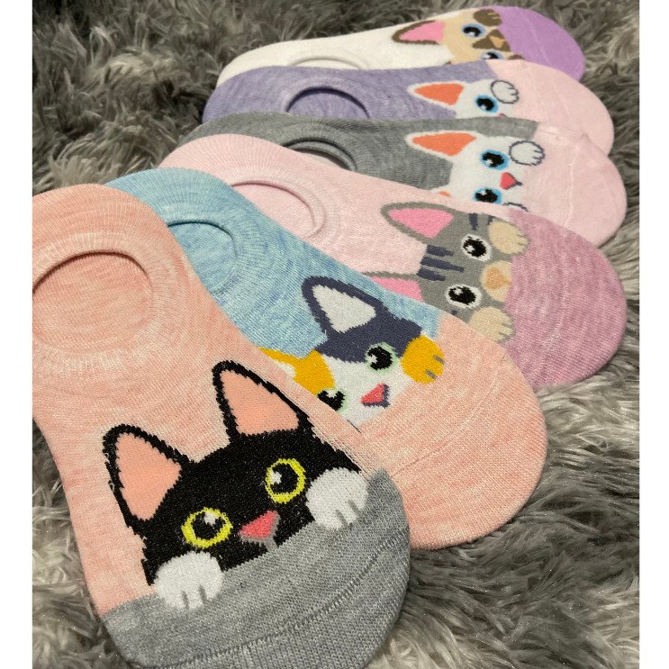 KIT Pares Meias Feminina Invisível Estampada Bichinho Algodão Gatinho Sapatilha Conforto