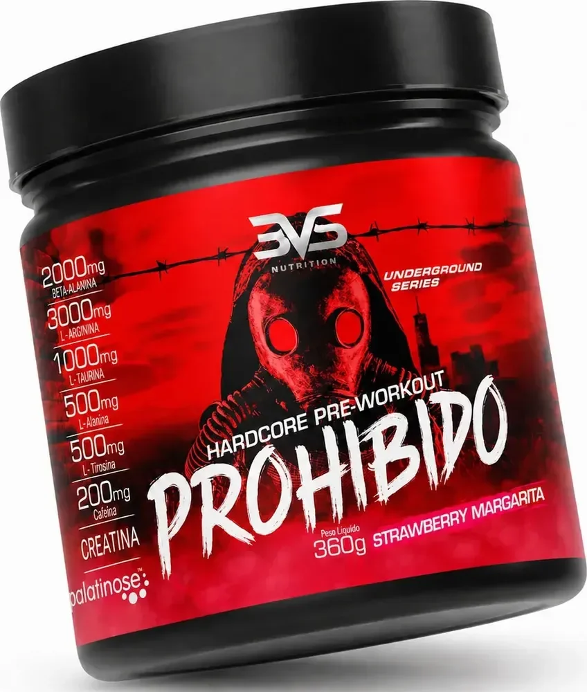 PRÉ TREINO PROHIBIDO 360g Sabor Morango (Strawberry Margarita) - Fórmula Avançada contendo Creatina, Beta Alanina, Taurina, L-tirosina, L-alanina, Cafeína, Arginina e Palatinose - Extra Forte