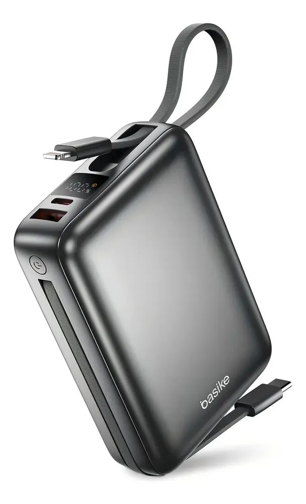 Carregador Portátil Power Bank Basike 20000mAh 22.5W Rápido Cabos Embutidos Tipo C iPhone Samsung