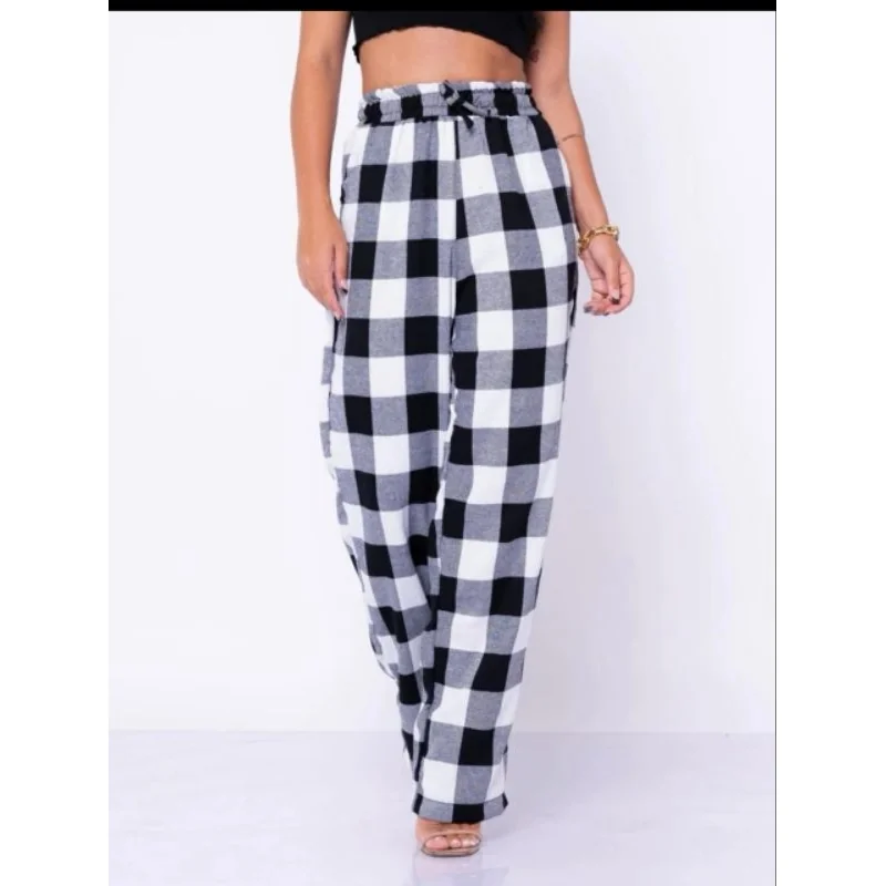 Calça Feminina Pantalona Xadrez Franelado