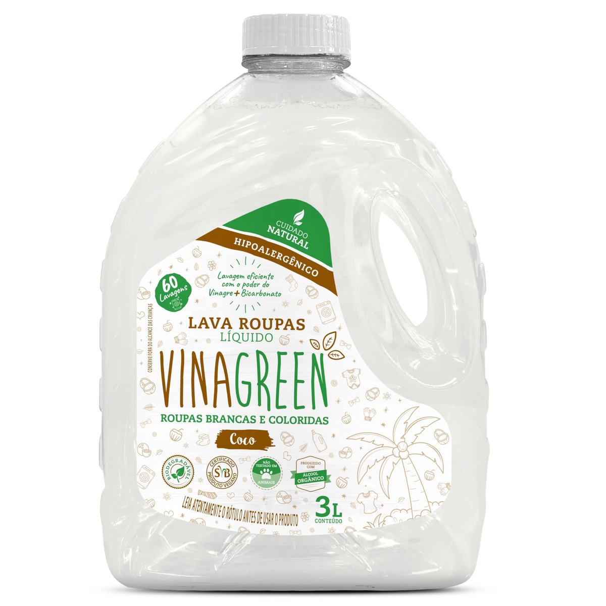 Vinagreen Lava Roupas Líquido 3L Sabão de Coco