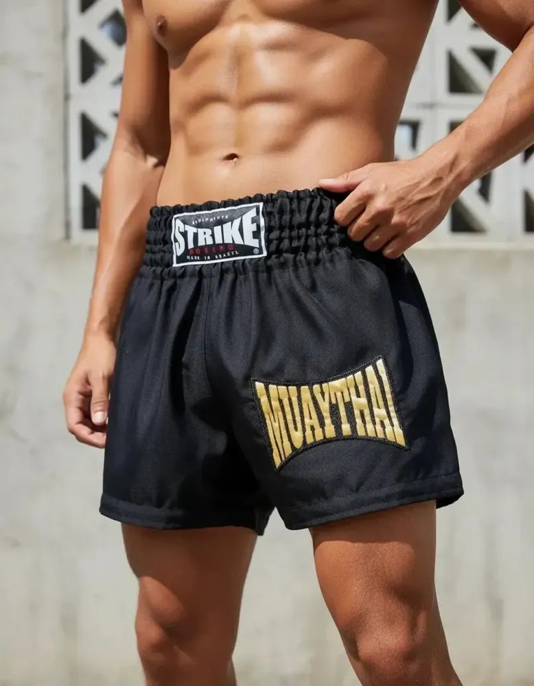 Short Muay Thai Bermuda Strike Boxing Calção Luta Bordado Preto Bordado Dourado M