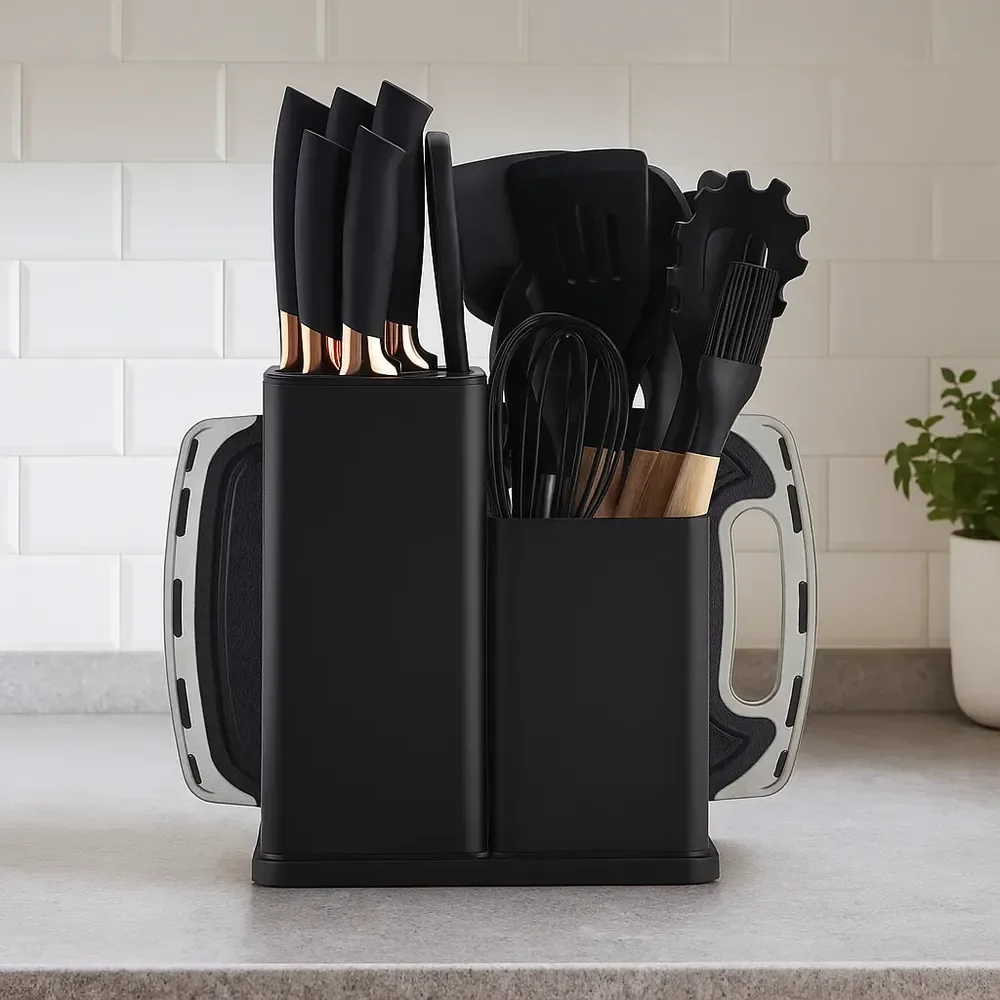 19 Peças Kit Utensilios Cozinha Tábua Em Silicone Espátula Preto