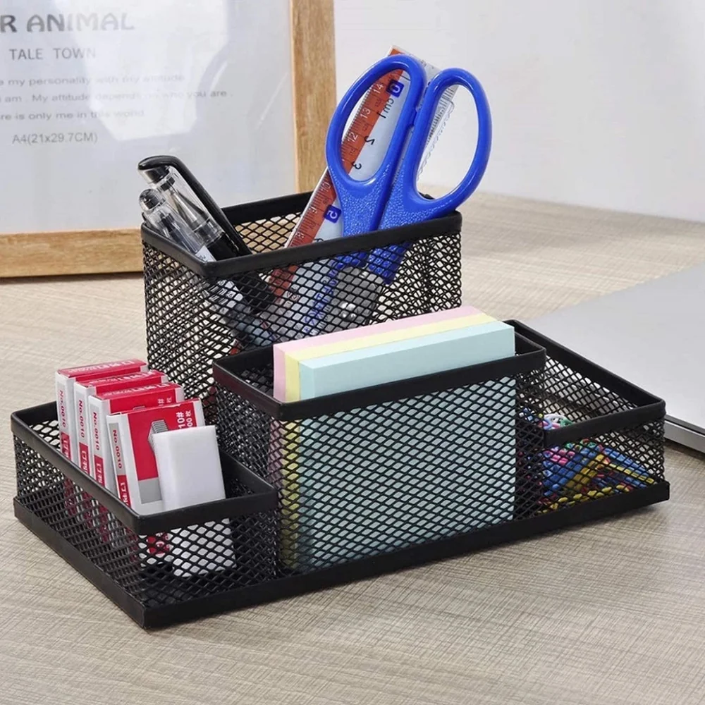 Porta Caneta Organizador De Metal Para Mesa Escritório Aramado C/ Divisórias Multiuso