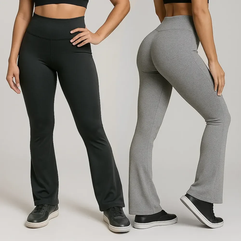 Kit 2 Calças Legging Flare Boca De Sino Grossa Cintura Alta Preto/cinza G