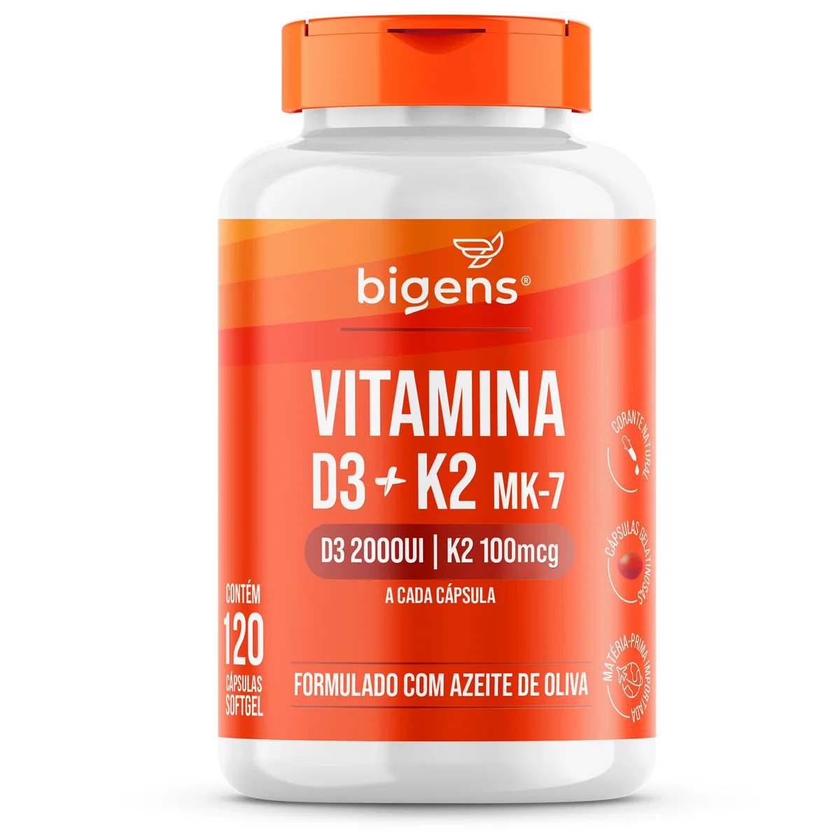 Vitamina D3 2000UI + K2 MK-7 100mcg, Formulado com Azeite de Oliva, 120 Cápsulas, Bigens