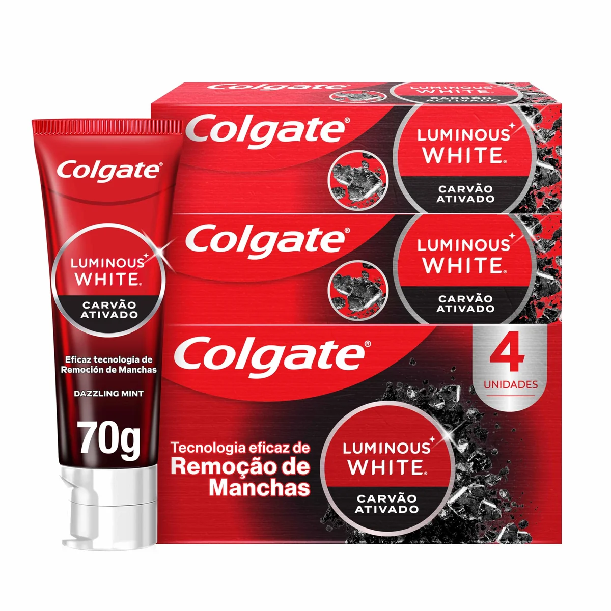 Colgate Creme Dental Clareador Luminous White Carvão Ativado 70g 4 unidades