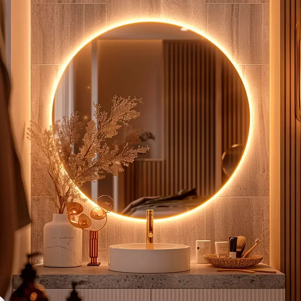 Espelho Redondo Grande De 50cm Com Led Frio - Espelho Com Luz Ideal Para Quarto, Banheiro E Sala, Espelho Com Led E Moldura Lapidada Para Decoração De Parede Redondo 50cm Led Frio