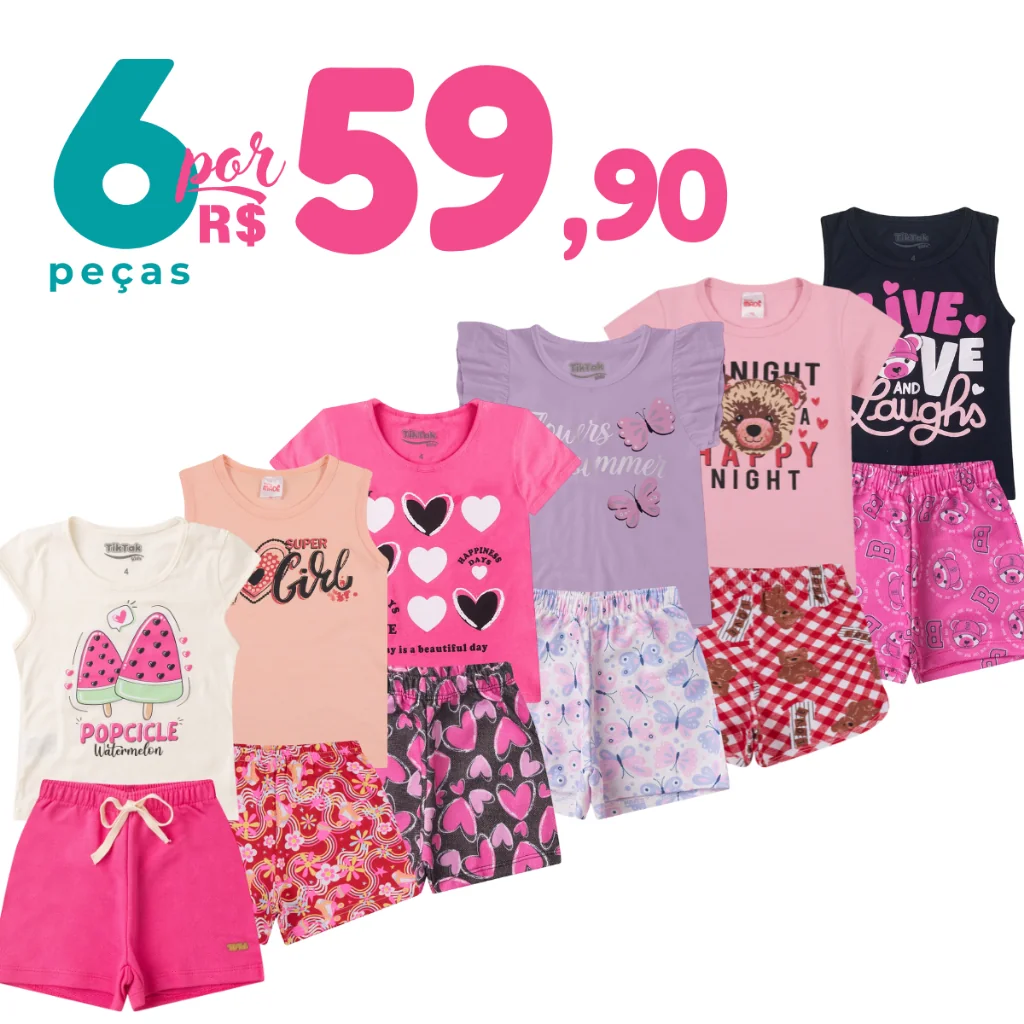 Kit 6 Peças de Roupas Infantil Menina Conjunto Verão Algodão