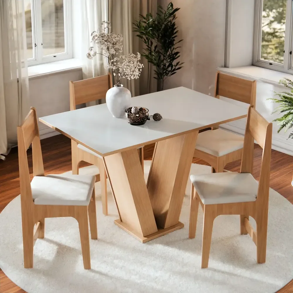 Conjunto Sala de Jantar 4 Lugares com Cadeiras Estofadas Mesa Com Tampo Retangular Semelhante Vidro Base V Mel Branco Off White
