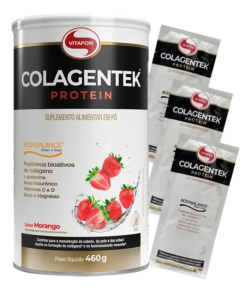 Colagentek Bodybalance Vitafor Colágeno Morango 460g Ganhe
