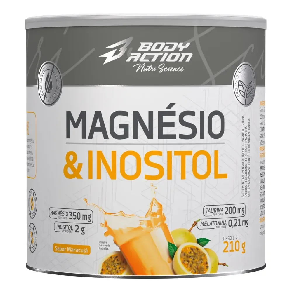 Magnésio E Inositol Taurina Melatonina 210g Bodyaction Sabor Maracujá