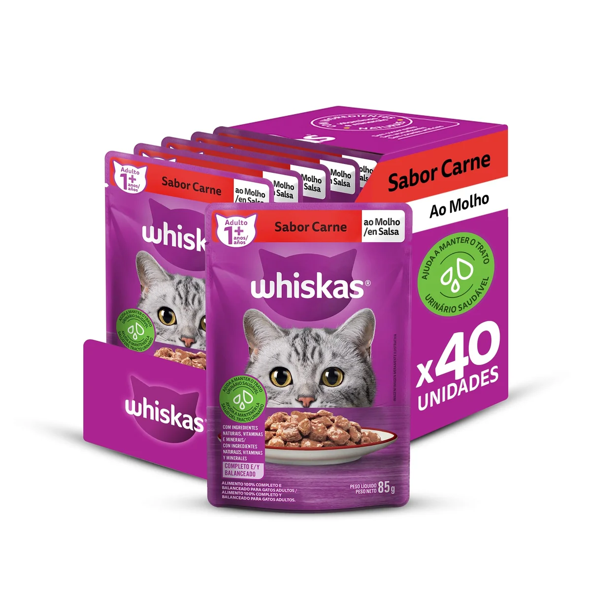 Pack de Ração Úmida Whiskas Sachê Carne ao Molho para Gatos Adultos, 40 sachês de 85 g